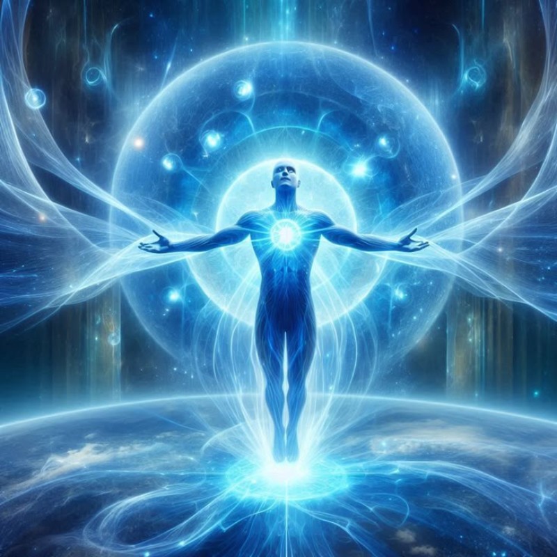 Человек, парящий над Землёй с сияющим сердцем, окружён энергетическими потоками и световыми сферами.