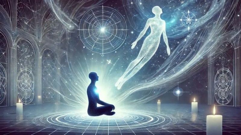 Человек в медитации наблюдает, как его астральное тело покидает физическую оболочку. Вокруг свечи, свет и геометрические узоры.