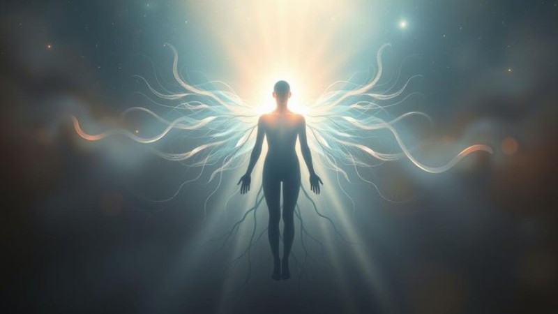 Силуэт человека в золотом свете, от которого расходятся энергетические линии в космическом пространстве.